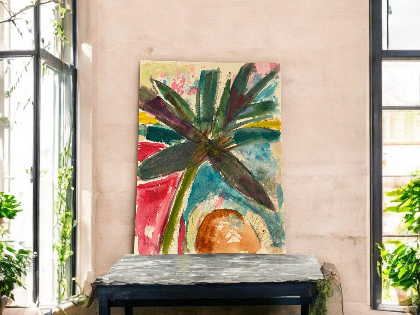 Palms and Sun - Mixed media on paper